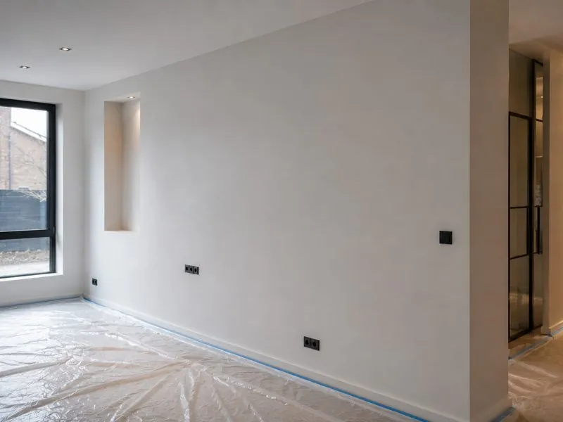 Vers gestuukte wand in een lege woonkamer, met de vloer afgedekt met folie